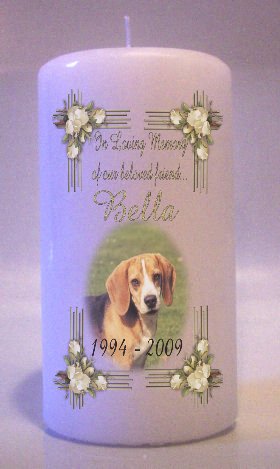 Custom PET MEMORY PHOTO White Roses frame 6 inch Pillar Candle Memorial