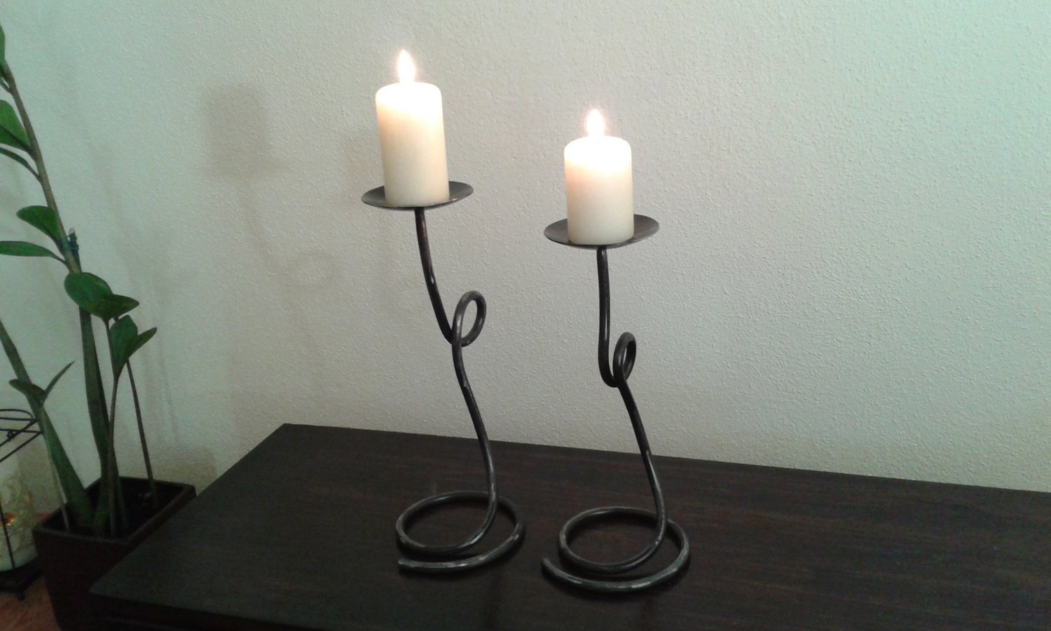 2 x Wrought iron candle holders Handmade iroan candlesticks 30cm.