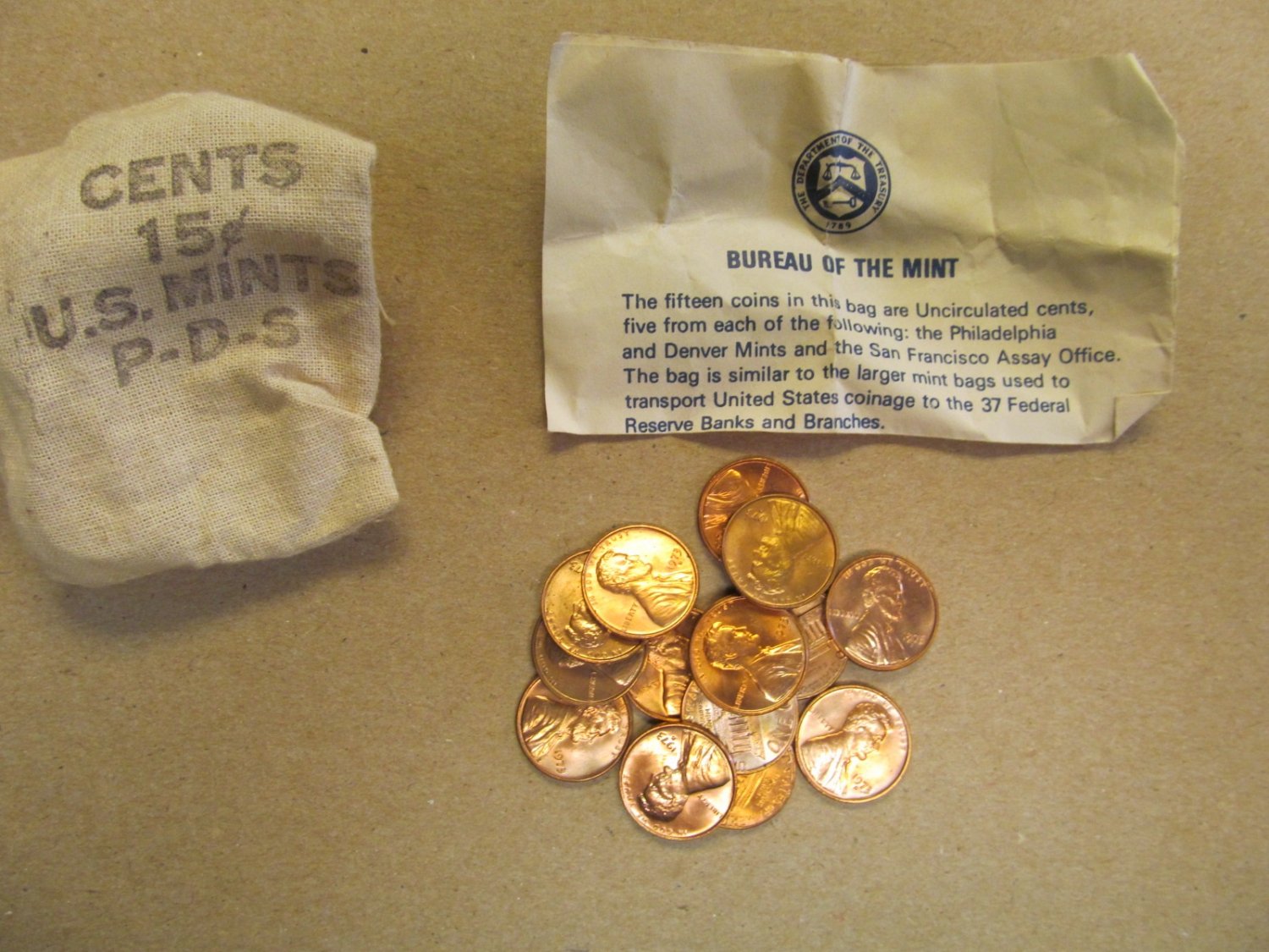 1973 PDS souvenir Mint Visit Penny Bag 5P 5D 5S US Mint 15 Coins Total Lot 7