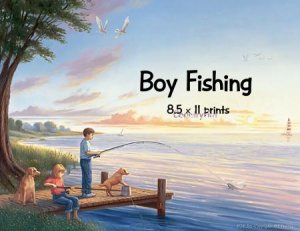 Boy FISHING, sister, puppies - PERSONALIZED 1 Name Meaning Print  - no US s/h fee