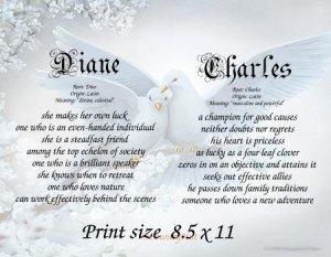 Wedding LOVE DOVES - PERSONALIZED 1 or 2 Name Meaning Print  - no US s/h fee