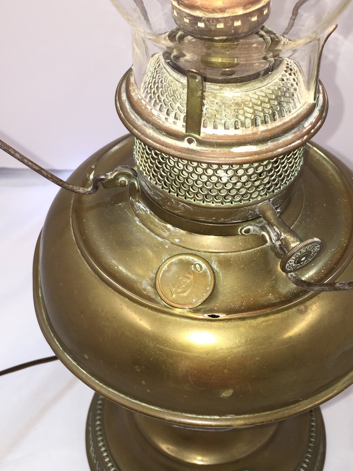 Vintage Electrified Brass Oil Lamp with Large Milk Glass Shade
