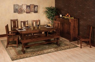 Amish RusticTrestle Dining Table Set Bench Chairs Rectangle Extending Solid Wood