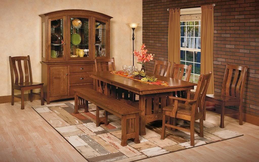 Amish Mission Trestle Dining Table Chairs Set Wood Rustic Farmhouse