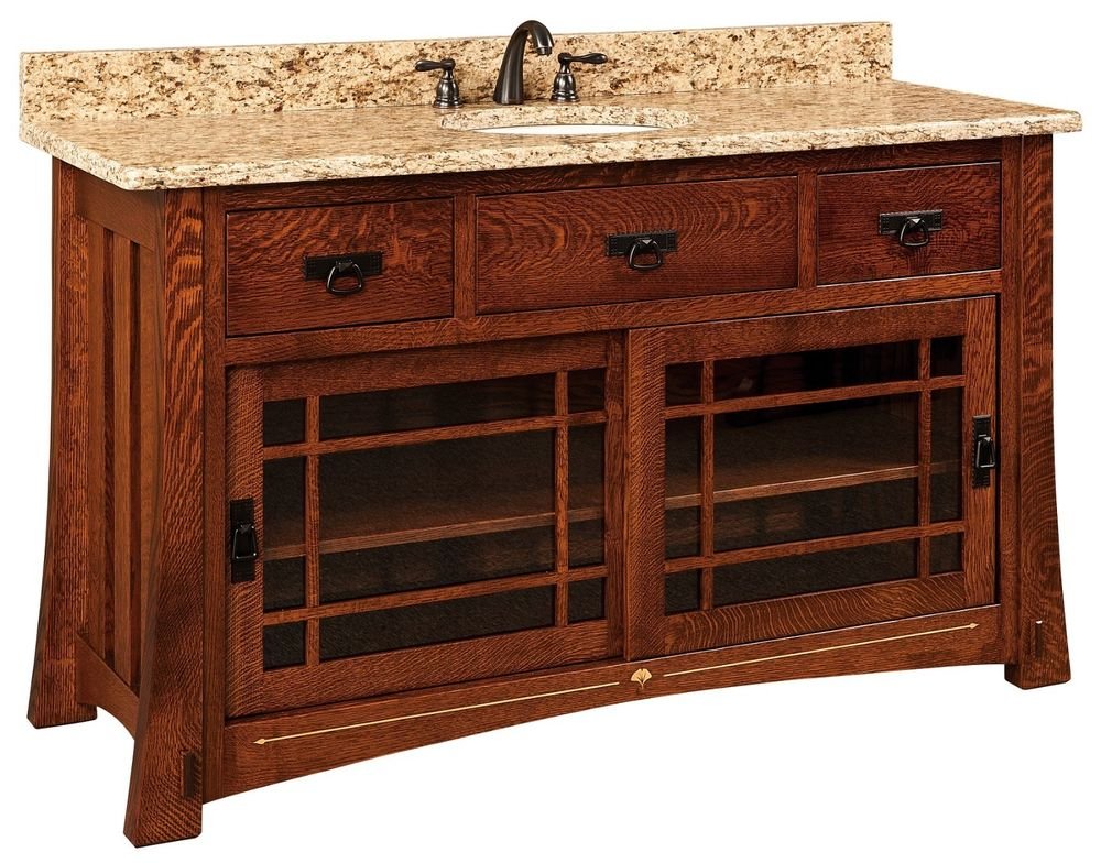 Amish Mission Bathroom Vanity Free Standing Sink Granite Top 60"w Solid Inlays