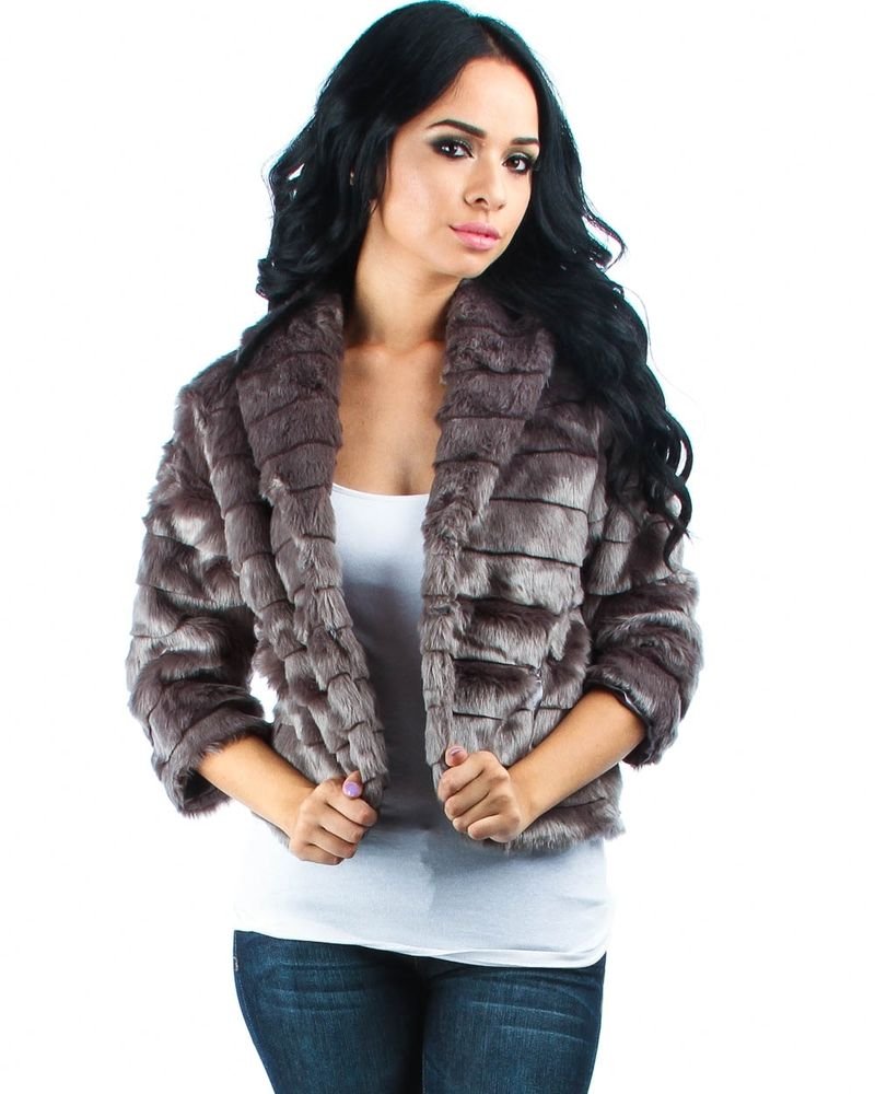 FAUX FUR COLLARED 3/4 SLEEVE CROP SHRUG SHORT JACKET COAT S M L