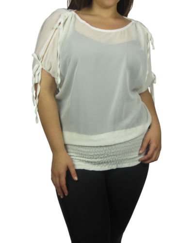 Plus size sheer chiffon slit tie short sleeve top blouse elastic hem 1X Pink