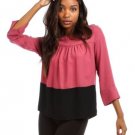 PINK BLACK TWO TONE COLOR BLOCK 3/4 SLEEVE SHIRT TOP BLOUSE PLEATED BUST S M L
