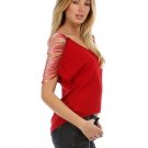 HI-LO SHIRT TOPS BLOUSE OMBRE FRINGE OPEN SHORT SLEEVES SCOOP NECKS M L