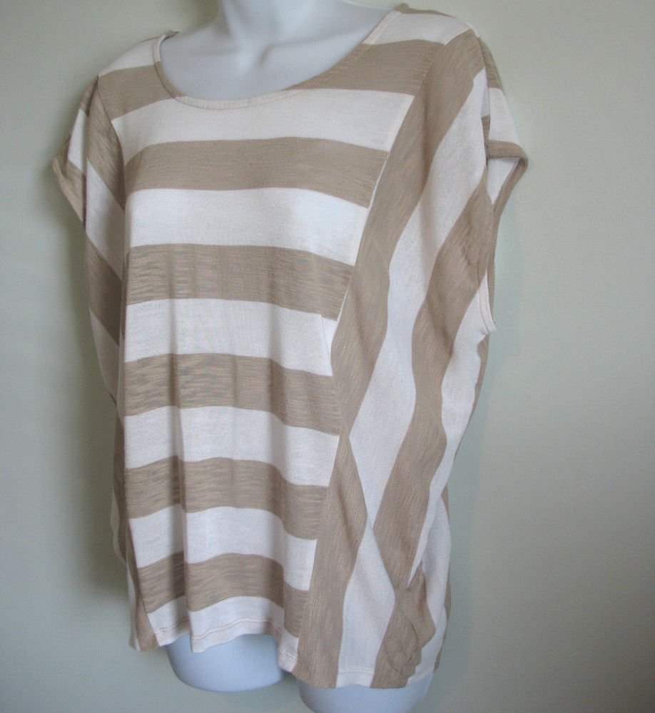 APOSTROPHE STRIPED IVORY BEIGE SCOOP NECK SLEEVELESS SHIRT TOP BLOUSE SIZE L