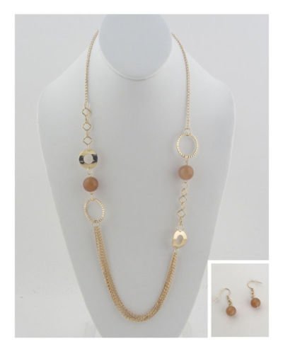 Gold long chain necklace circles hoops pendant  dangling earring set
