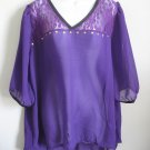 Plus size purple cutout pu leather strap back sheer chiffon hi lo top blouse 1X