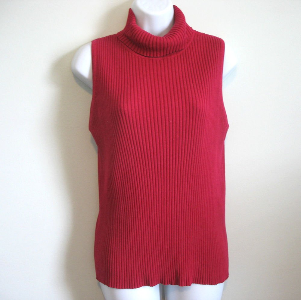 NEWPORT NEWS RED SLEEVELESS TURTLENECK CHUNKY RIB KNIT SHIRT TOP SWEATER SIZE L