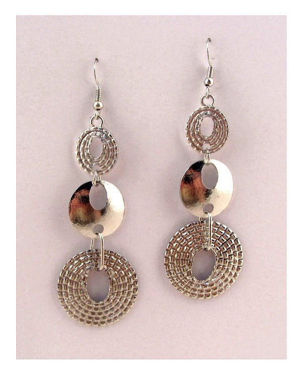 Silver layered 3 round circle hoop drop pendant earrings