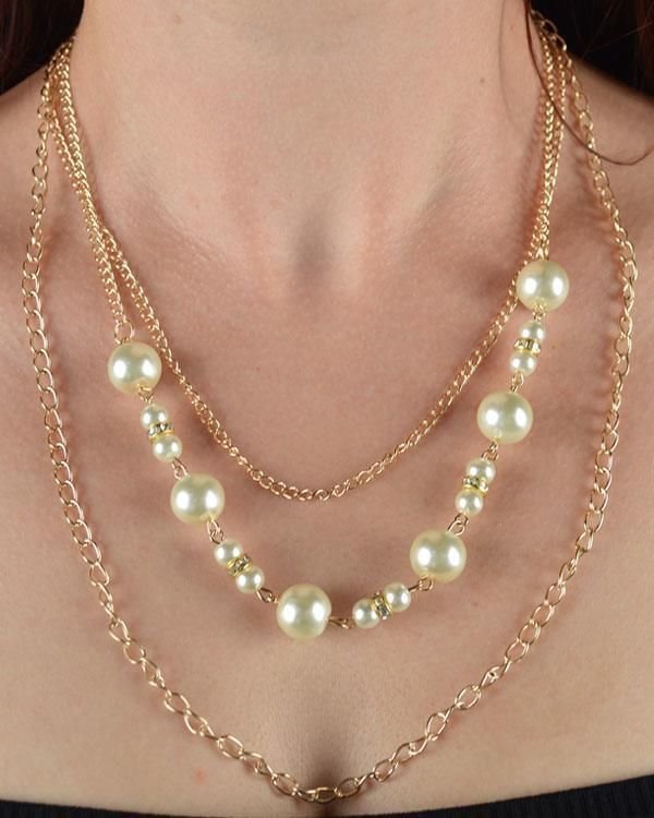 Triple layered strand chain necklace faux pearl 12" long Silver Gold