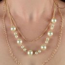 Triple layered strand chain necklace faux pearl 12" long Silver Gold