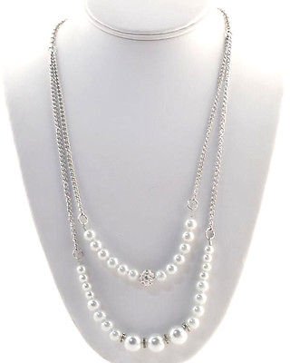 Silver gold double layered strand chain necklace faux pearl 12" long