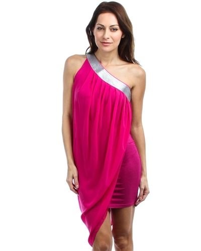 HI-LO FITTED LINED LAYERED CHIFFON ONE OFF SHOULDER SHORT TOGA WRAP DRESS S M L