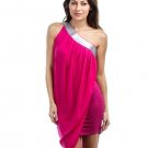HI-LO FITTED LINED LAYERED CHIFFON ONE OFF SHOULDER SHORT TOGA WRAP DRESS S M L