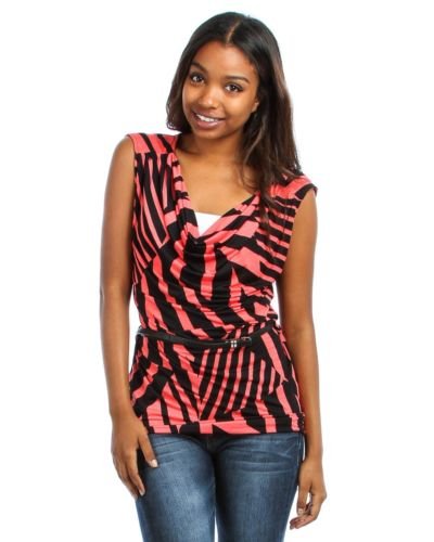 PLUS SIZE ANIMAL PRINT COWL NECK SLEEVLESS SHIRT TOP BLOUSE BELT 1X 2X 3X