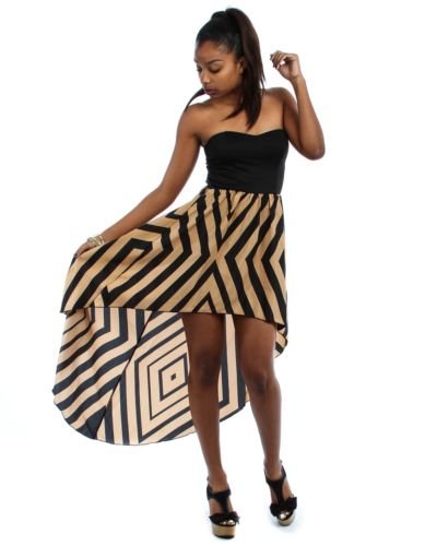 BLACK TAN STRAPLESS HI LO ASYMMETRICAL SHORT LONG SUN SUMMER STRIPED DRESS S M