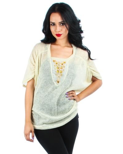 PLUS SIZE KNIT METALLIC IVORY WHITE SWEATER TOP BLOUSE BEADED ACCENTS 1X 2X 3X