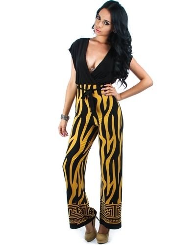 ANIMAL PRINTED WIDE LEG PANTS V NECK SHIRT TOP BLOUSE CAP SLEEVE JUMPSUIT S M L