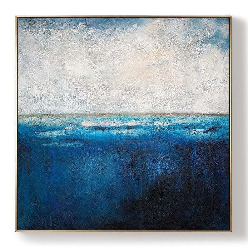 Deep Blue Sea Abstract Art Sky Landscape Painting,Sea Level Abstract Oil Painti