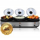 MegaChef Triple 2.5 Quart Slow Cooker and Buffet Server in Brushed Silver and B