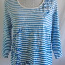 ADDITIONS CHICO'S Shirt Top 3 XL Striped Scrolling Print Blue White Silver
