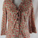 ANN TAYLOR LOFT Cotton Fitted Shirt M Orange Green Floral Print Ruffle Neckline