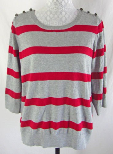 ANN TAYLOR LOFT XL Gray Red Striped Print Cotton Sweater Top