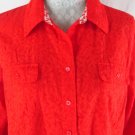COLDWATER CREEK Shirt L 14 16 Red Orange Burnout Floral Print Fitted Button Down