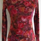 WESTON WEAR M Pink Brown Floral Rose Print Mesh Knit Stretch Shirt Top