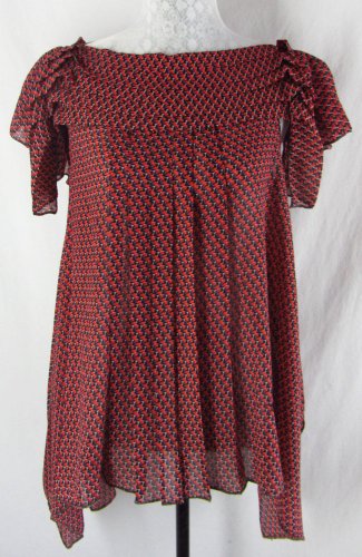 MAX EDITION M Red Purple Black Abstract Print Pleated Flared Hem Top Blouse