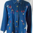 QUACKER FACTORY L Embroidered Hats Mittens Boots Hearts Blue Cotton Denim Shirt