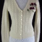 BETH BOWLEY S Beige Cable Knit Angora Blend Embroidered Floral Cardigan Sweater