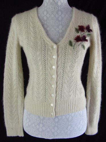 BETH BOWLEY S Beige Cable Knit Angora Blend Embroidered Floral Cardigan Sweater