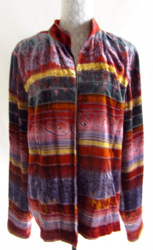 COLDWATER CREEK XL Open Front Jacket Velvet Striped Burnout Abstract Print