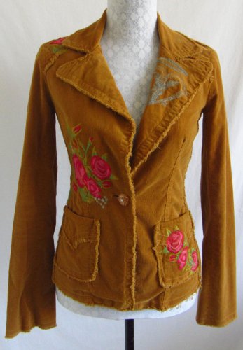 JOHNNY WAS JWLA XS Embroidered Floral Print Brown Yellow Corduroy Jacket Blazer