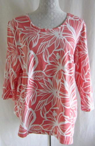CHICOS 3 XL Hibiscus Floral Tropical Print White Peach Cotton Stretch Shirt Top