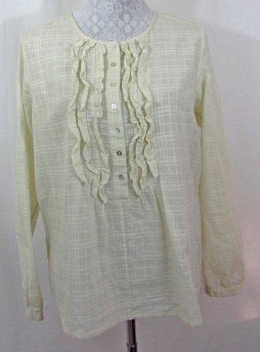 GARNET HILL 10 M Tan Semi Sheer Plaid Print Ruffle Front Henley Shirt Blouse