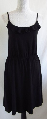 ANN TAYLOR LOFT Sun Dress M Solid Black Ruffles Spaghetti Straps Elastic Waist