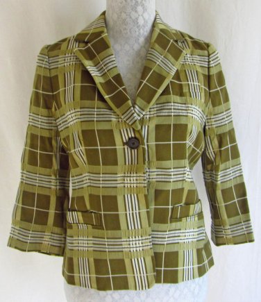 BANANA REPUBLIC 4 Silky Shiny Green Plaid Striped Print One Button Jacket Blazer