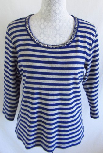 BY CHICOS 3 XL Purple Gray Striped Print Embellished Beaded Sequins Top Shirt