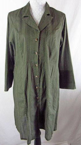 CAbi L Olive Green Semi Sheer Pleats Pintucks Cotton Shirt Dress