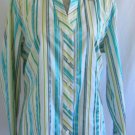 CHICOS 3 XL Shiny Striped Print Blue White Yellow Gold Fitted Dress Shirt