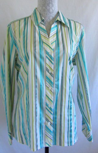 CHICOS 3 XL Shiny Striped Print Blue White Yellow Gold Fitted Dress Shirt
