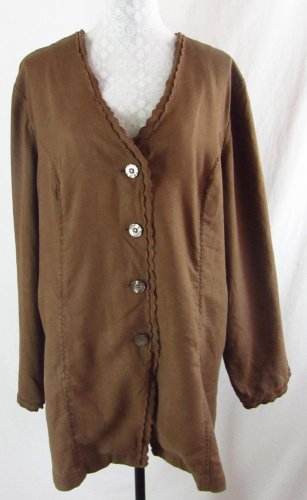 J.JILL 2X 100% Linen Solid Brown Scalloped Trim Tie Back Long Shirt Jacket