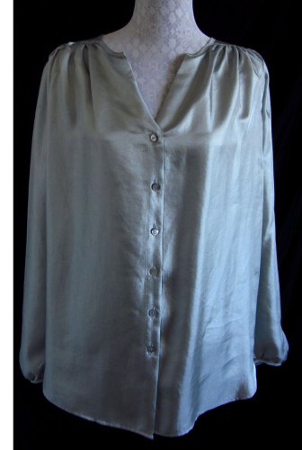 MISOOK COLLECTION Blouse Tunic Shirt L Iridescent Solid Gray Blue Silky Pintuck